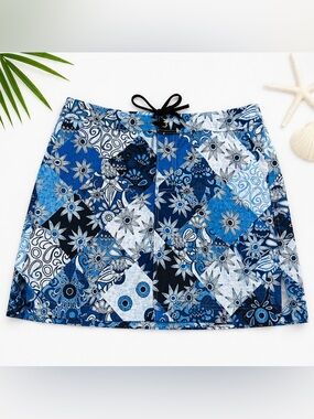 RIPSKIRT Blue Patchwork Floral Skort XL Golf Tennis Coastal Skirt Pockets
